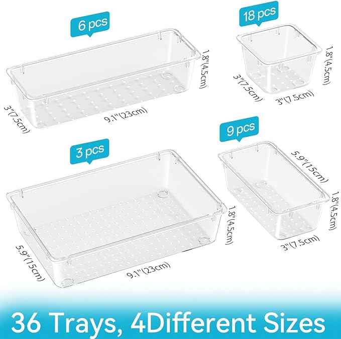 ElegantArray 36 PCS Drawer Organizer Set, 4 Sizes Tool Storage Trays, Clear Plastic Makeup Vanity Organizer and Storage Bins for Makeup, Stationeries, Multiple Gadgets for Bathroom, Office, Bedroom
