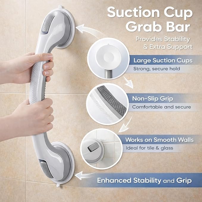 Grab Bars for Bathtubs and Showers, 2 Pack 16.5" Bathroom Safety Handles with Strong Suction Cups, Non-Slip Grip Balance Support for Shower & Bathtub, Seniors & Limited Mobility