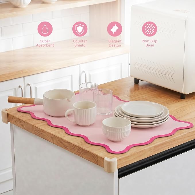 Scalloped Dish Drying Mat for Kitchen Counter, Absorbent Easy Clean Non-slip Coffee Bar Station Accessories, Trendy Cute Aesthetic Modern Drainer Kitchen Drying Mat, Pink 12" x 19"