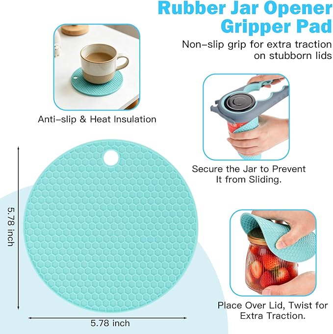 Jar Opener Set - 6-in-1 Adjustable Jar Opener Can Opener, 4-in-1 Bottle Opener Lid Opener & Rubber Jar Gripper, Multifunctional Kitchen Gadget for Seniors, Arthritis, Weak Hands (Blue&Grey)