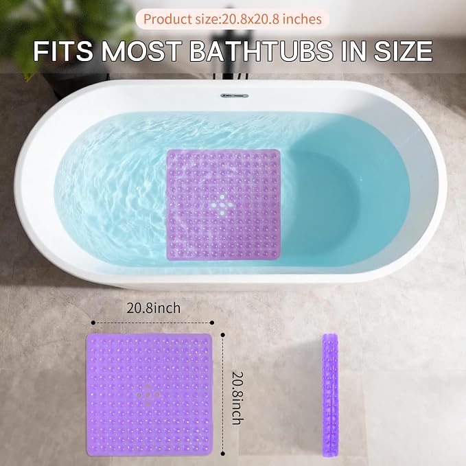 Anti-Slip Bathtub Shower mat, 21×21（ 53×53cm） inch Soft Oversized Machine Washable Non-Slip Bathtub mat with Drainage Holes, Bathroom Floor Suction Cup.（1- Clear Purple）