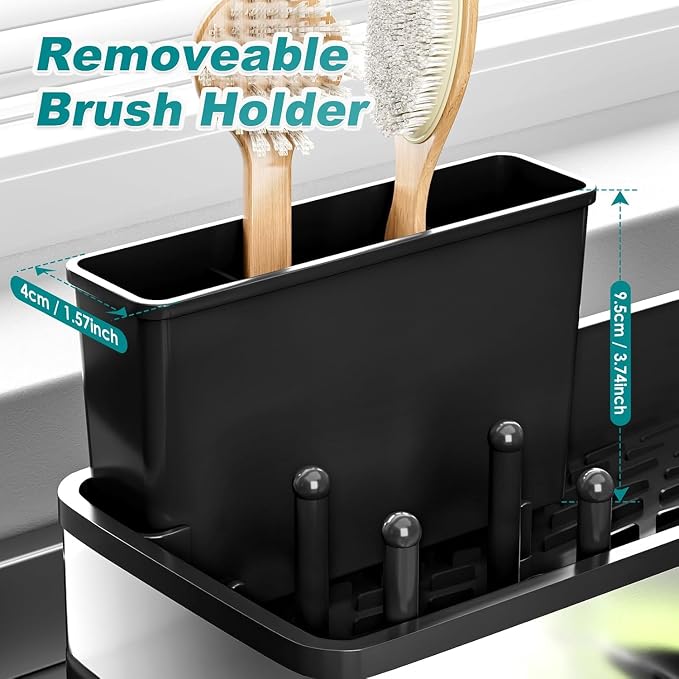 Kitchen Sink Caddy Organzier with High Brush Holder - Sponge Holder for Kitchen Sink with Towel Racks - Rustproof 304 Stainless Steel Kitchen Countertop Storage Essentials