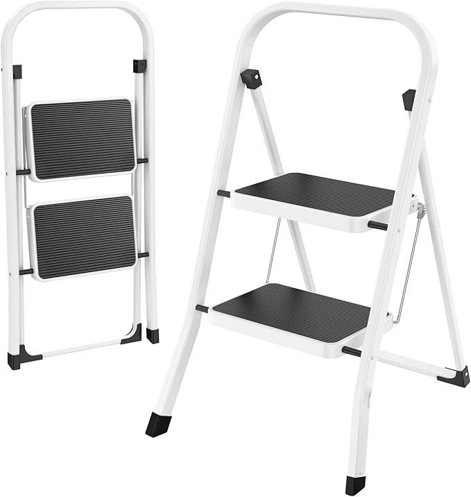 HBTower Step Ladder Folding Step Stool for Adults with Anti-Slip Pedal,330 lbs Capacity for Kitchen, Home,White