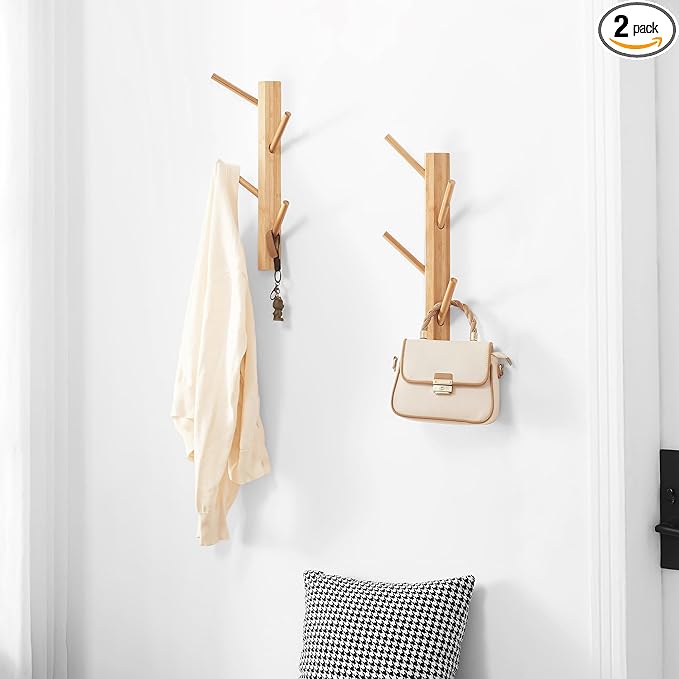 TIOPGHAD 2 Pack Small Vertical Coat Rack Wall Mount, Bamboo Coats Hooks Clothes Holder Hanger for Wall Coat Hat Jacket Clothing Bathroom Robes Entryway(Natural)