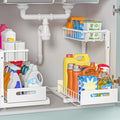 L-Shaped Under Sink Organizer, 2 Pack 2-Tier Pull Out Metal Kitchen Cabinet Organizer with Sliding Storage Drawer, Height Adjustable Heavy Duty Under Bathroom Sink Storage for Cleaning Supplies