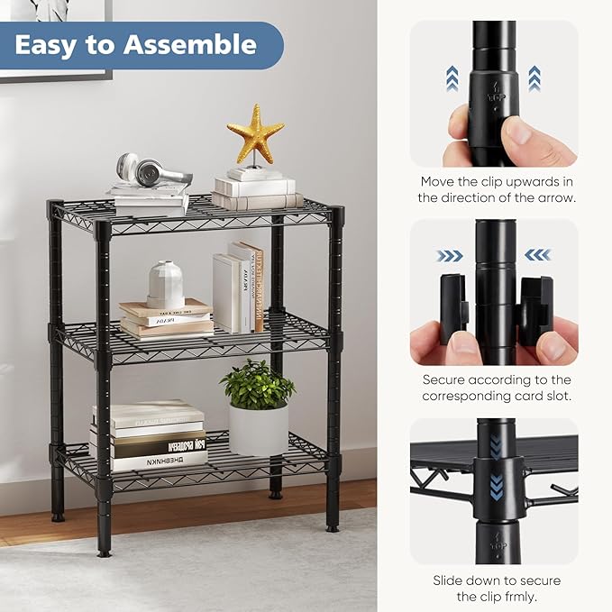 DUMOS 3-Tier Metal Wire Storage Shelves, Adjustable Standing Storage Rack Shelf, Heavy Duty Steel Shelving Unit Organizers for Kitchen Bathroom Pantry Garage, 23.3" Wx13.4 Dx30 H, Black