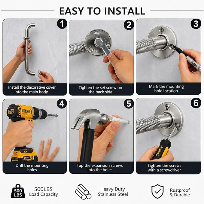 Grab Bars for Shower 3 Pack, 2x16 & 1x12 Stainless Steel Safety Handrails, Heavy Duty Wall Mounted Grab Bars for Bathroom, Stairways, Hallways, Toilet, Handicap & Elderly Support, 500 lbs