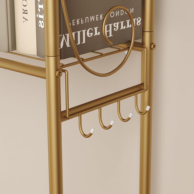 HOME BI Over The Toilet Storage Shelf, 3-Tier Over Toilet Bathroom Organizer Rack, Freestanding Space Saver Toilet Stands with Hooks (Gold)