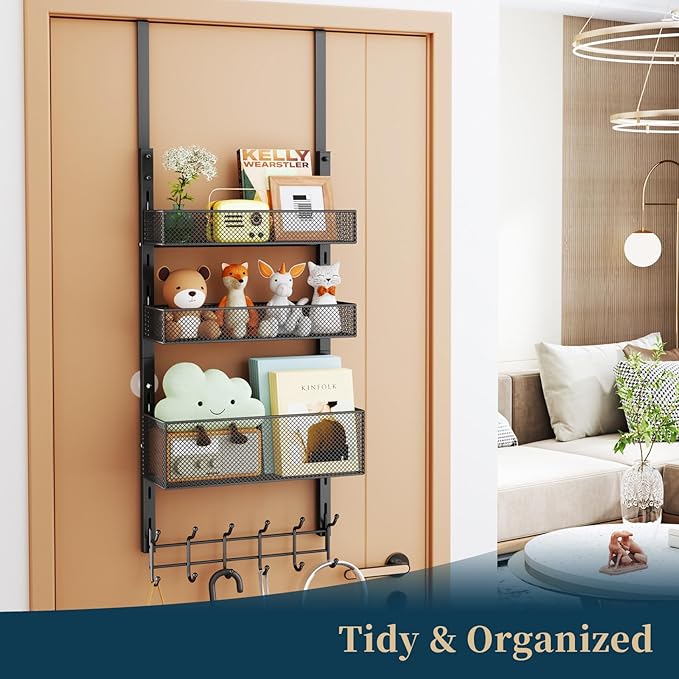 Consumest Over The Door Hooks Organizer - 4 Tier Door Coat Rack with 3 Baskets & 12 Hooks, Stainless Steel Towel Hanger for Bedroom, Bathroom, Living Room, Black
