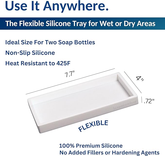 Spacewiser Countertop and Vanity Tray - 2 PC Small 7.7" Silicone Bathroom Trays, Kitchen Soap Tray, Dish Sponge Soap Holder Kitchen Sink Organizer Caddy, Bathroom Counter Trays for Lotion Dispenser