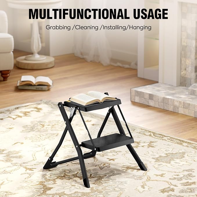 URACKIFY 2 Step Stool Foldable, Step Ladder with Non-Slip Rubber mat, Step Stool with Release Button, Lightweight Steel, Black, for up to 330LBS.