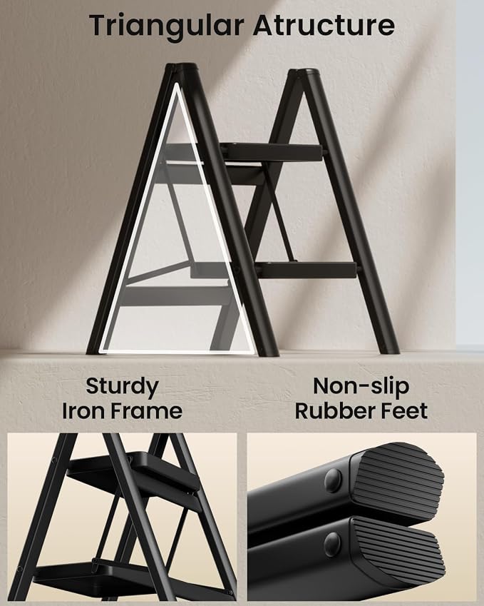 SOLADDER Step Stool, 2 Step Ladder with Anti-Slip and Wide Pedal, Folding Portable Iron Stepladder for Home and Kitchen, 300lbs - Black