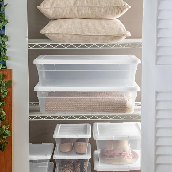 Sterilite 40 Pack Storage Box, 28 Quart Stackable Tote, Clear Plastic Container with Secure Snapping Lids for Home and Office Organization, White