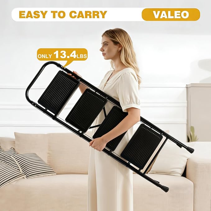 Valeo 4 Step Ladder, Step Stool with Wide Anti-Slip Pedal, 330 lbs Capacity,Step Ladder Folding Step Stool for Adults, Lightweight Steel Portable ladders for Home Kitchen & Office,Black