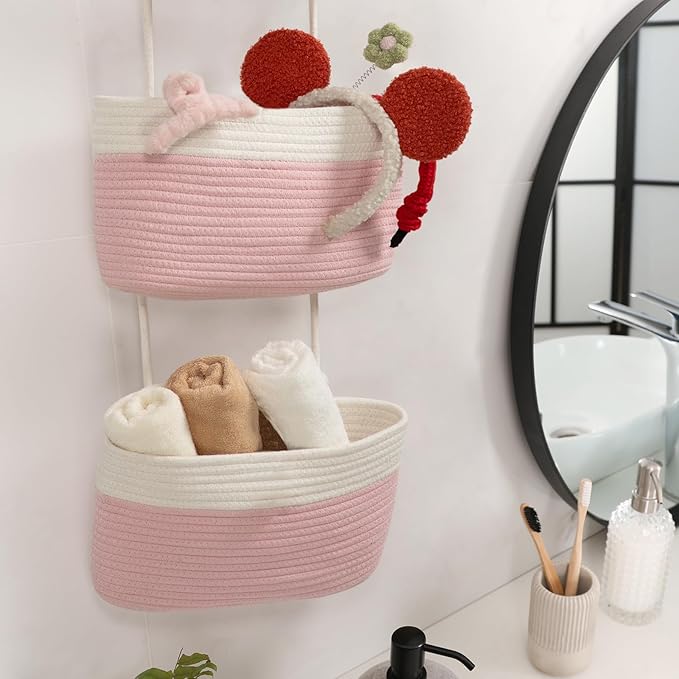 TeoKJ Over the Door Hanging Basket, 3-Tier Woven Cotton Wall-Mounted Storage Organizer Bag Decorative Hanging Nursery Baskets, Pink & White