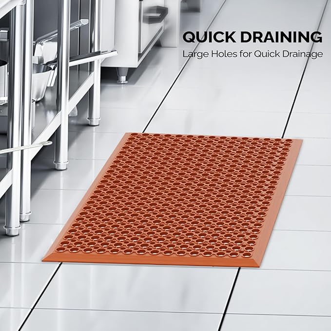ROVSUN Rubber Floor Mat with Holes, Anti-Fatigue/Non-Slip Drainage Mat, for Industrial Kitchen Restaurant Bar Bathroom Utility Garage Pool Entry Door Mat, Indoor (24'' x 36'' Red 1Pcs)