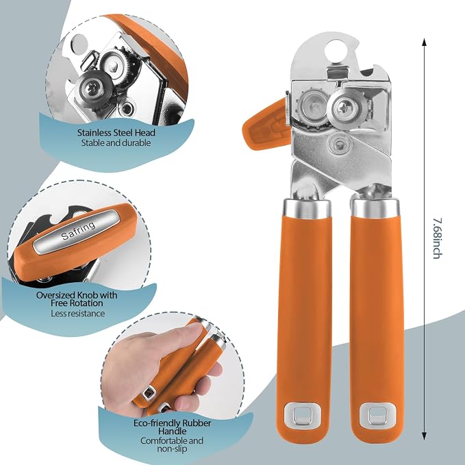 Safring Can Opener Manual, Heavy Duty Handheld Strong Can Opener with Soft Touch Handle, Sharp Blade Smooth Edge, Can Openers with Multifunctional Bottle Opener, Orange