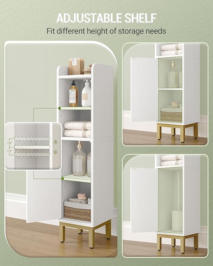Hzuaneri Bathroom Storage Cabinet, Small Corner Floor Cabinet with Door and Shelves, Narrow Toilet Paper Holder, Bathroom Organizer with Adjustable Shelf, for Small Spaces, White BC08203X