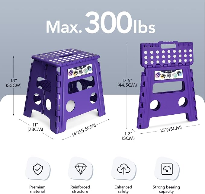 Delxo Folding Step Stool, 13 inch Non-Slip Foldable Stools Up to 300 LBS, Step Stool with Handle, Lightweight for Kitchen, Bathroom, Bedroom, Garden, Purple, 1PC