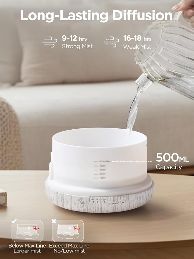 InnoGear Aromatherapy Diffuser & 10 Essential Oils Set, 500ml Essential Oil Diffuser with Remote Control Mother's Gift Ultrasonic Cool Mist Scent Humidifier Vaporizer Auto-Off Timer for Home, White