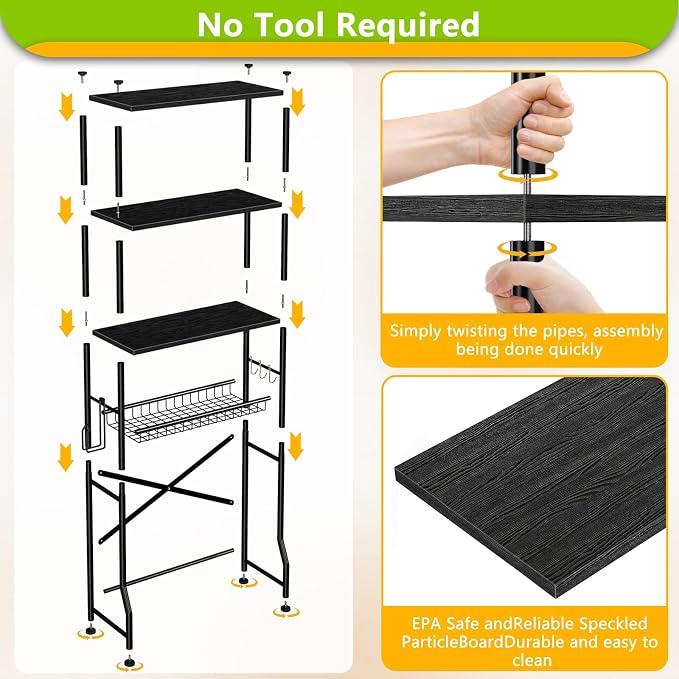 Mlinavn Over-The-Toilet Storage Rack, 4-Tier Bathroom Organizer Shelf Over Toilet with Adjustable Shelf and Basket, Freestanding Space Saver Bathroom Shelves Above Toilet for Room (Black)