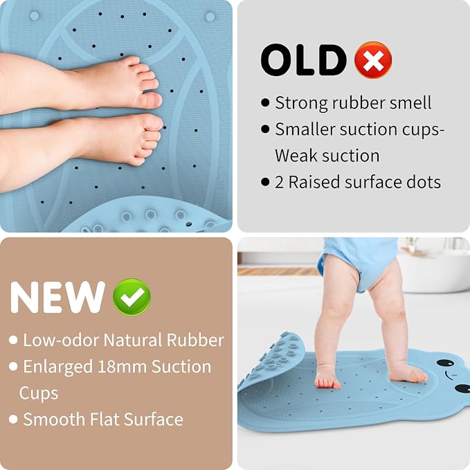 Upgraded Bathtub Mat Non Slip, Kids Bath Mat 30"x 18", Bath Mat for Tub Non Slip with Strong Suction and Textured Surface, Natural Rubber Latex Free PVC Free Safe for Baby, Frog Pattern, Blue