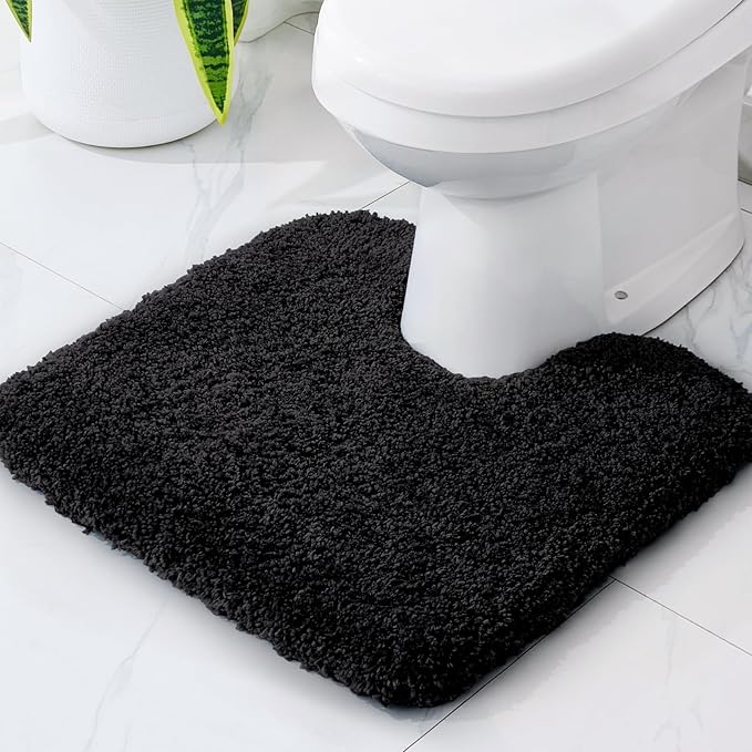 Disolla Toilet Mat 22x24 Black - Non Slip Fluffy U-Shaped Contour Rug, Ultra-Soft Plush Toilet Floor Mat, Absorbent & Machine Washable