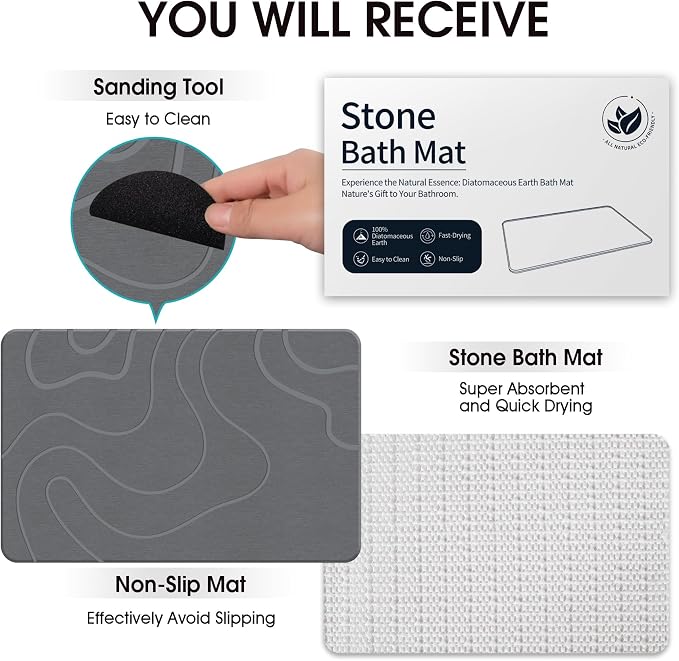 ZIKIBL Stone Bath Mat Diatomaceous Earth Shower Mat Non-Slip Super Absorbent Diatomite Stone Mats for Bathroom Floor Quick-Drying Easy to Clean (24''*16'' Grey)