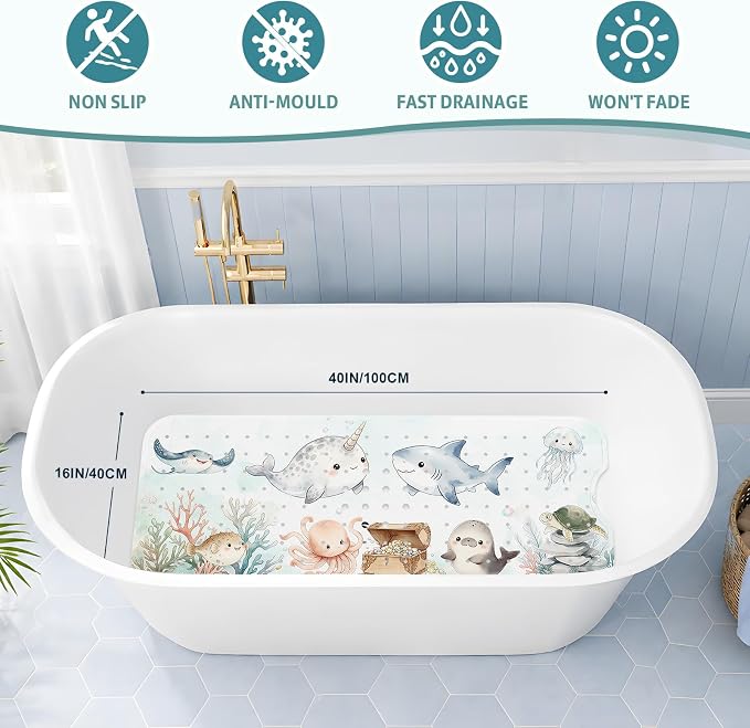 XIYUNTE Baby Bath Mat for Tub Non Slip Kids, BPA Free Extra Long Bathtub Mat 40x16 with Drain Holes and 200 Suction Cups, Non Toxic Machine Washable Toddler Bath Mat, Eco-Friendly Certified
