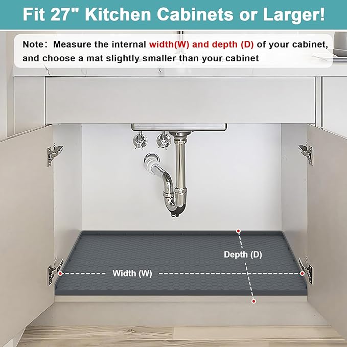 Silicone Under Sink Mat 25 x 19, Waterproof Under The Sink Mat for Kitchen, Under Kitchen Sink Mats and Protectors, Under Bathroom Sink Mat, Cabinet Liner Shelf Liner Gray