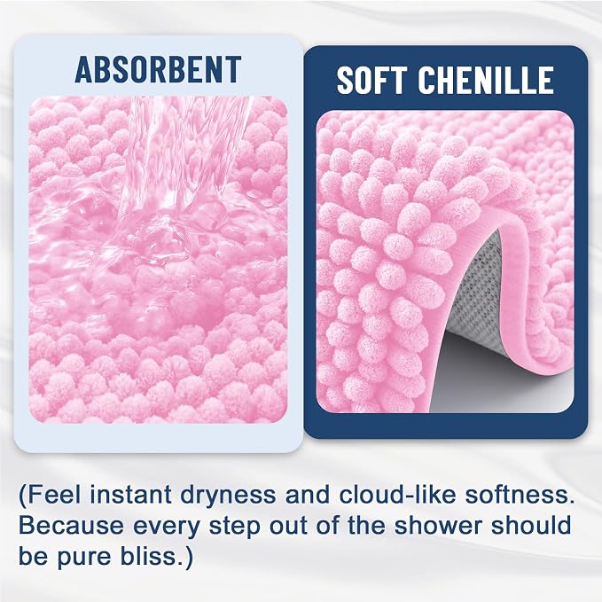Grandaily Chenille Striped Bathroom Rugs 24x16, Extra Thick and Soft Absorbent Bath Mats, Rubber Backing, Plush Shaggy Shower Carpet, Machine Wash Dry, Bath Rug for Bathroom, Light Pink