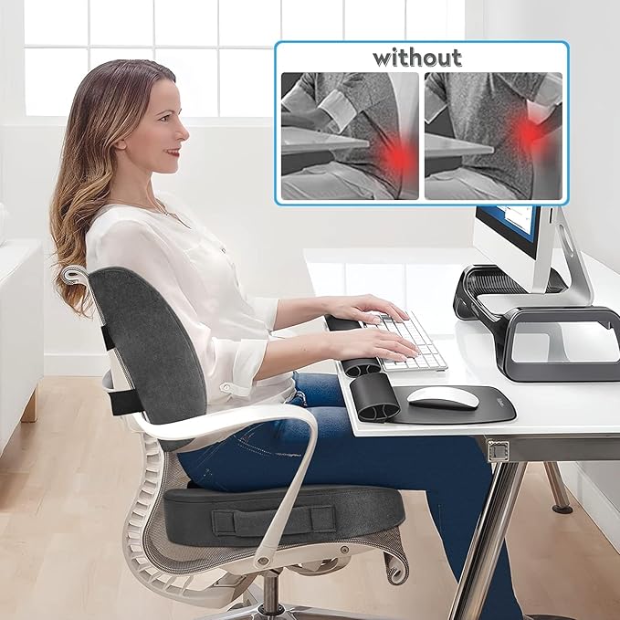 CloudBliss Lumbar Support Pillow & Seat Cushion Set for Office Chair, Desk Chair, Wheelchair & Car–Memory Foam Back Support, Ergonomic Chair Cushions,Sciatica Pain Relief,Home Essentials(Grey,XL)