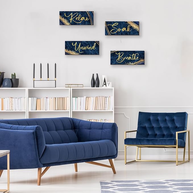 ONIZHITY 4 Pcs Blue and Gold Bathroom Decor Navy Blue Gold Wall Decor Relax Soak Unwind Breathe Wooden Rustic Marble Style Versatile Bathroom Accessories for Bedroom Living Room Decor(10X4)