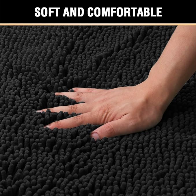 H.VERSAILTEX 20x32 Bath Mat Non-Slip Bathroom Rug Shag Shower Mat Machine-Washable Bath Mats with Water Absorbent Soft Microfibers Chenille Plush Rugs - Black