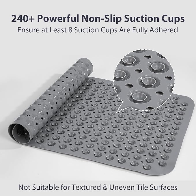 Large Shower Mat 21.5x33.5 Inch Grey, Soft Non Slip Shower Mats for Inside Shower with Big Suction Cups Drain Holes, Extra Large Bath Bathtub Mat Floor Stall Mats, BPA-Free, Easy Clean