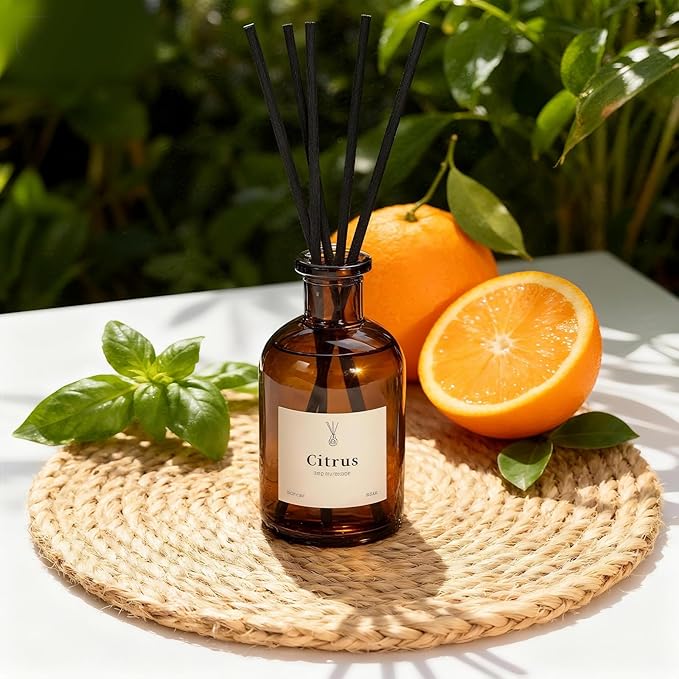 Reed Diffuser Set, 8.12 fl.oz Citrus Scent Oil Diffuser with Sticks, Long-Lasting Home Fragrance Reed Diffuser for Bathroom Shelf Decor, Air Freshener Room Diffuser, 2 Pack
