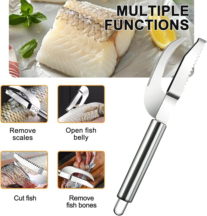 Fish Scales Scraping Tool,Multifunction Stainless Steel Fish Scale Knife Fish Cleaning Kit,3 In 1 Fish Maw Knife,Household Kitchen Fish Scale Tool (1 Pcs) Comes with hooks