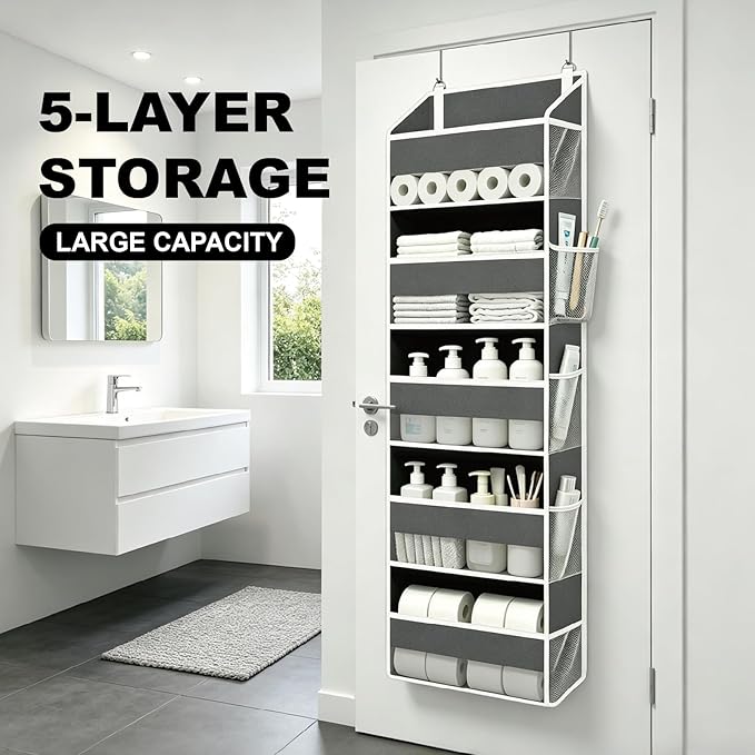 Over The Door Storage Organizer – 15 Pockets (5 Large + 10 Mesh Side Pockets), Heavy Duty 44lbs Capacity Closet Storage for Bedroom & Dorm, Behind The Door Hanging Rack for Shoes, Toys.
