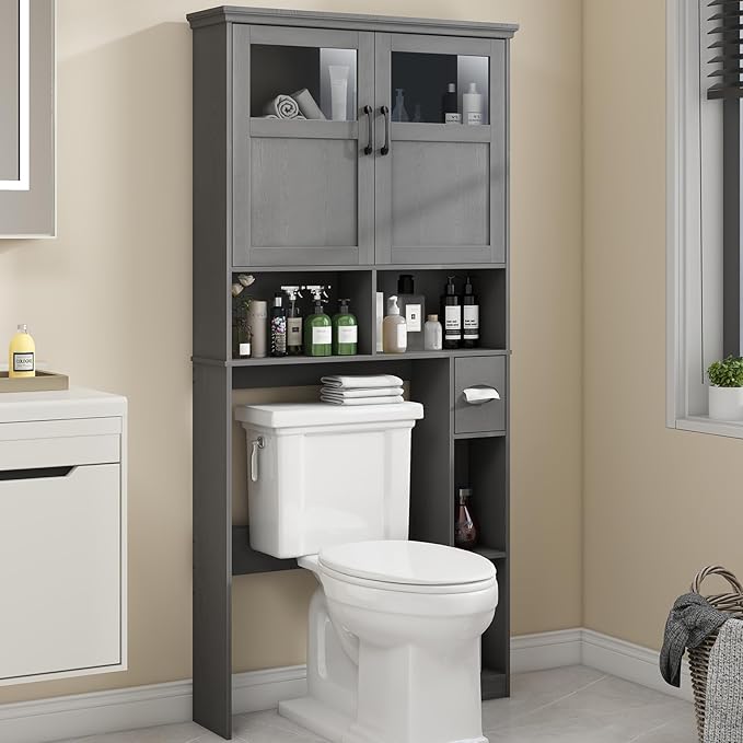 Over The Toilet Storage Cabinet With Double Doors & Paper Holder Stand, Freestanding Shelf Space Saver, Anti-Tip Design & Adjustable Shelf, Natural Grey