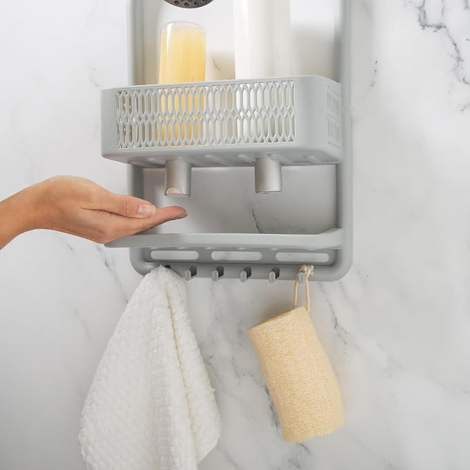 Bath Bliss Molded Shower Caddy | Bathroom Storage | Hangs Over Shower Head | 6 Accessory Hooks | Holds Razors | Washcloths | Accessories | Suction Cup Stability | Grey