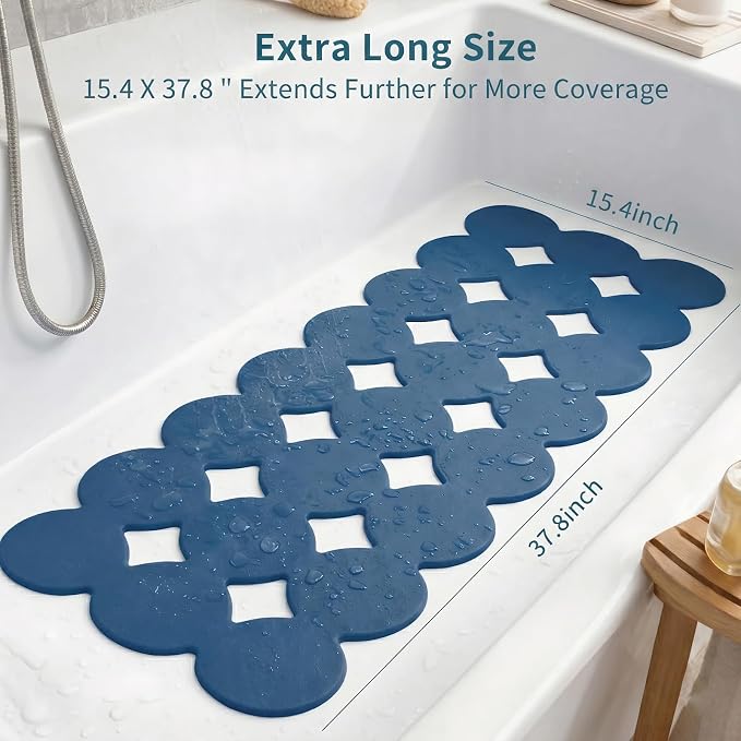 Webos Bathtub Mat Non Slip: Extra Long Rubber Bath Mat for Tub with Strong Suction Cups 15.4" x 37.8" Anti Slip Shower Mat, Big Drain Holes Bathroom Mats for Tub & Shower, Circle-Ivy Blue
