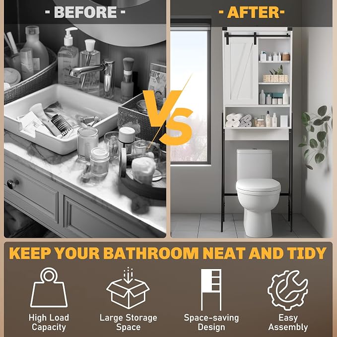 Over The Toilet Storage Cabinet, Behind Toilet Bathroom Organizer with Adjustable Shelves, Above Toilet Organizers with Barn Door, Space Saver for Restroom, Bathroom, Laundry, White
