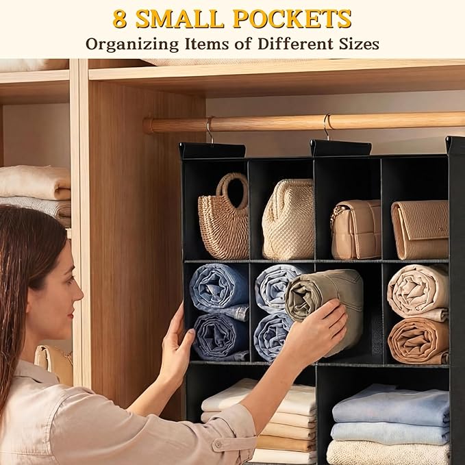 Ofiray-home 3 Tier Hanging Closet Organizer, 10 Compartments Sweater Organizer for Closet with 3 Sturdy Hooks, Closet Organizers and Storage, Wardrobe, Rv, Garment Rack, Black