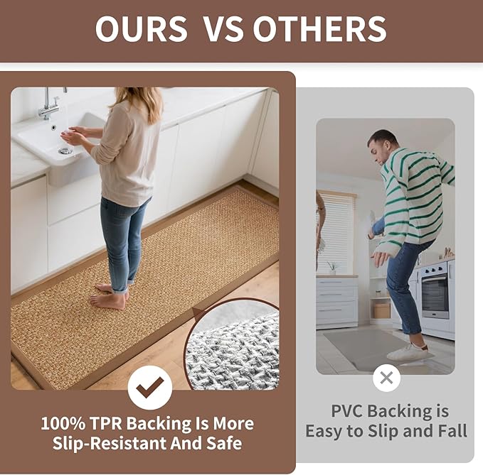 YDKGL Kitchen Mats for Floor, Rubber Backing Kitchen Rugs Non Slip Washable, Super Absorbent Jute-Like Braid Kitchen Runner Rug Sink Mat Standing Mat, Easy to Clean, Brown 17"x30"