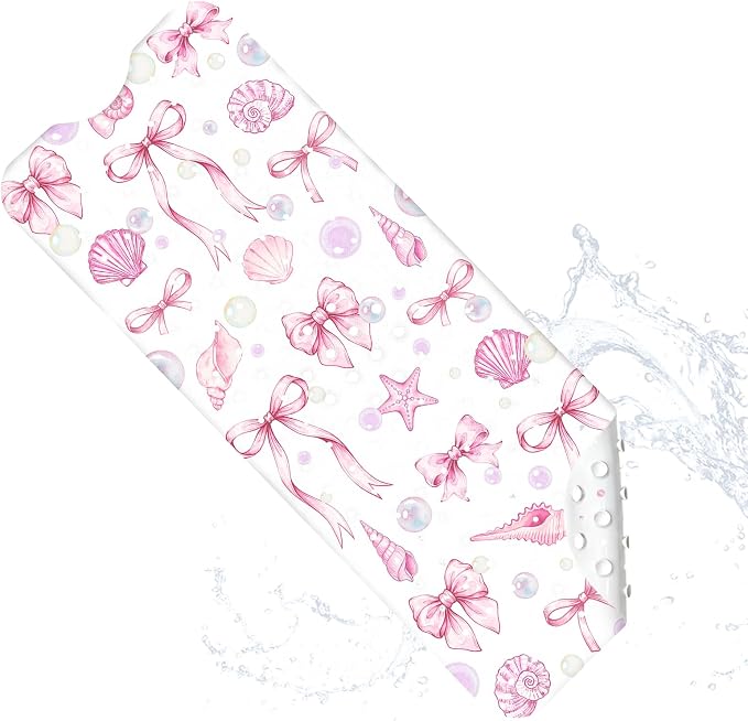 Bath Mat for Tub Non Slip, Cute Bow Bathtub Mats for Girls Non Slip Shower Mat, Machine Washable 40"x16" Long Pink Tub Mats with Suction Cups and Drain Holes for Toddler & Women, Bathroom Decor(Bows)