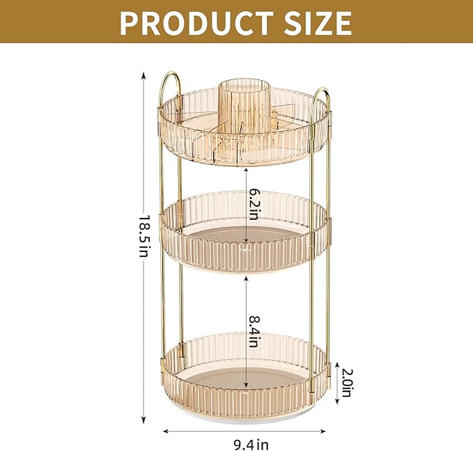 360° Rotating Makeup Organizer, Large-Capacity Skincare Make Up Storage 3 Tier Perfume Organizers Cosmetic Dresser Organizer with Makeup Brush Holder, Fits Bedroom, Bathroom, Vanity Shelf Countertop