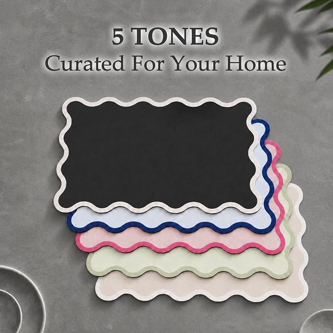 Scalloped Dish Drying Mat for Kitchen Counter, Absorbent Easy Clean Non-slip Coffee Bar Station Accessories, Trendy Cute Aesthetic Modern Drainer Kitchen Drying Mat, Black 12" x 19"