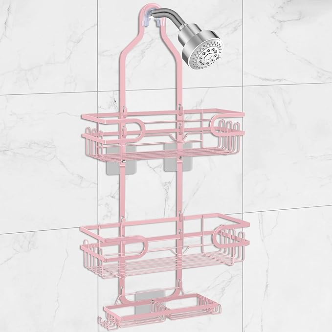 Shower Caddy Hanging, Over Head Shower Caddy Shower Storage Rack Basket with Hooks for Razor and Sponge Rustproof, No Drilling, Accessories for Bathroom and Kitchen, pink
