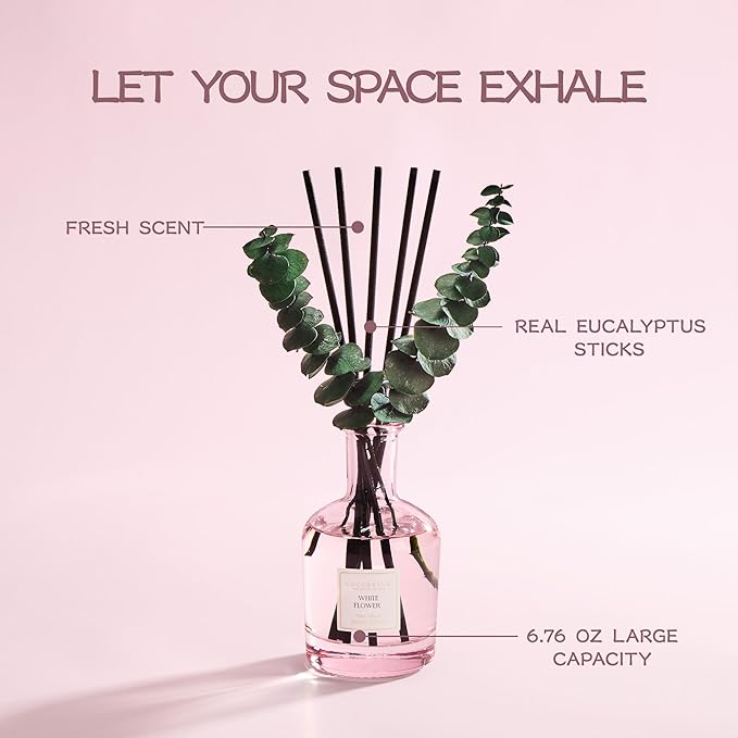 COCORRÍNA White Flower Reed Diffuser – 6.76 oz Essential Oil with 8 Reeds & Real Eucalyptus Sticks, Home Fragrance for Bedroom or Bathroom Décor