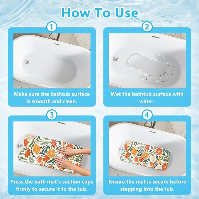 Bath Mat for Tub Non Slip, Aesthetic Bathtub Mats for Girls Non Slip Shower Mat Machine Washable 40"x16" Vintage Flora Tub Mats with Suction Cups and Drain Holes French Retro Style Bath Decor Women